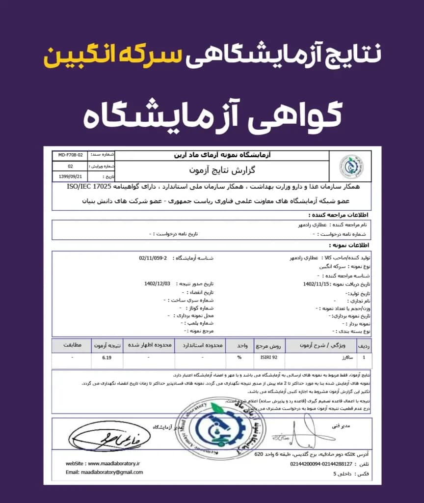 نتایج آزمایش سرکه انگبین زادمهر - Angabin vinegar test results Zaadmehr