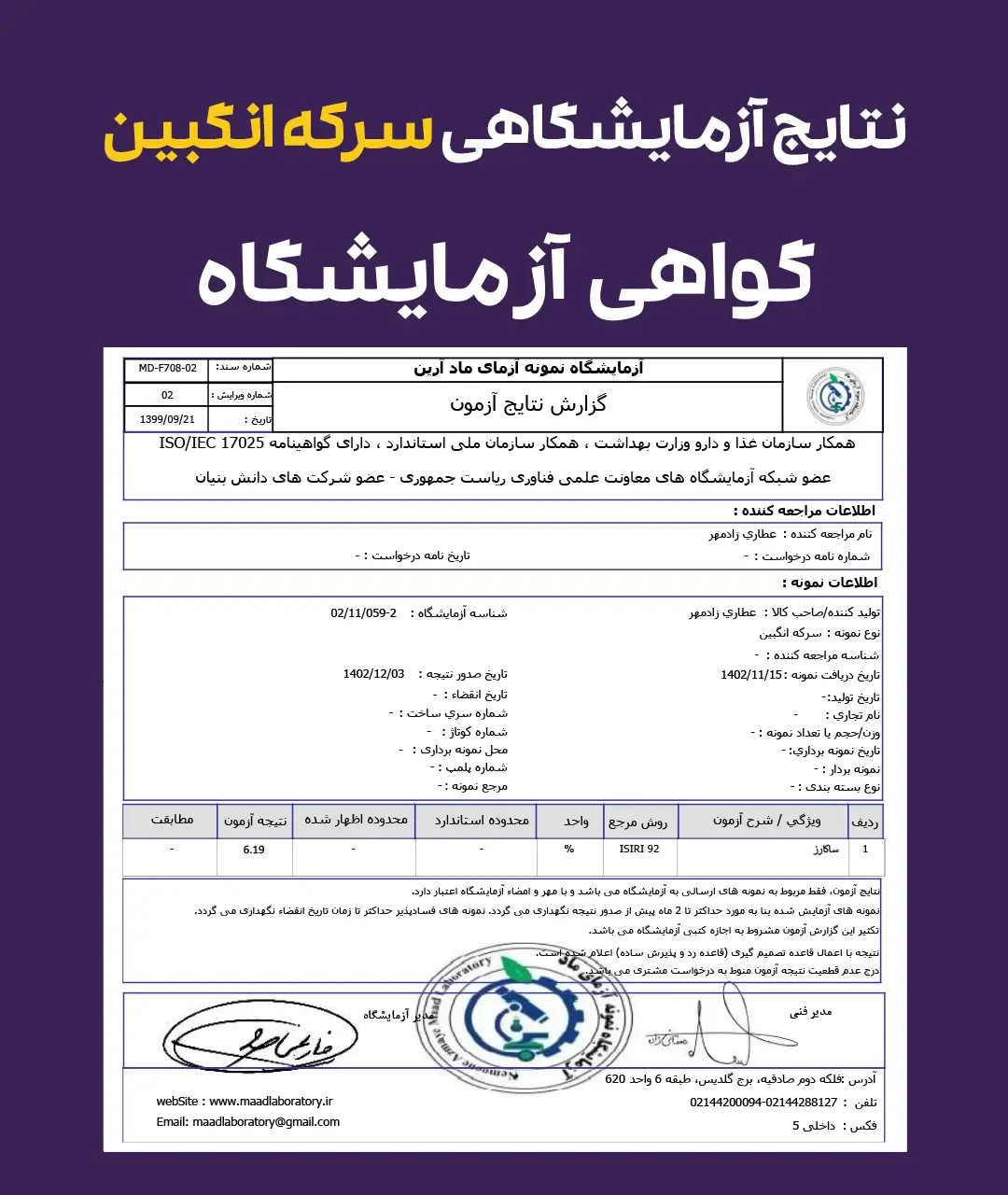 نتایج آزمایش سرکه انگبین زادمهر - Angabin vinegar test results Zaadmehr