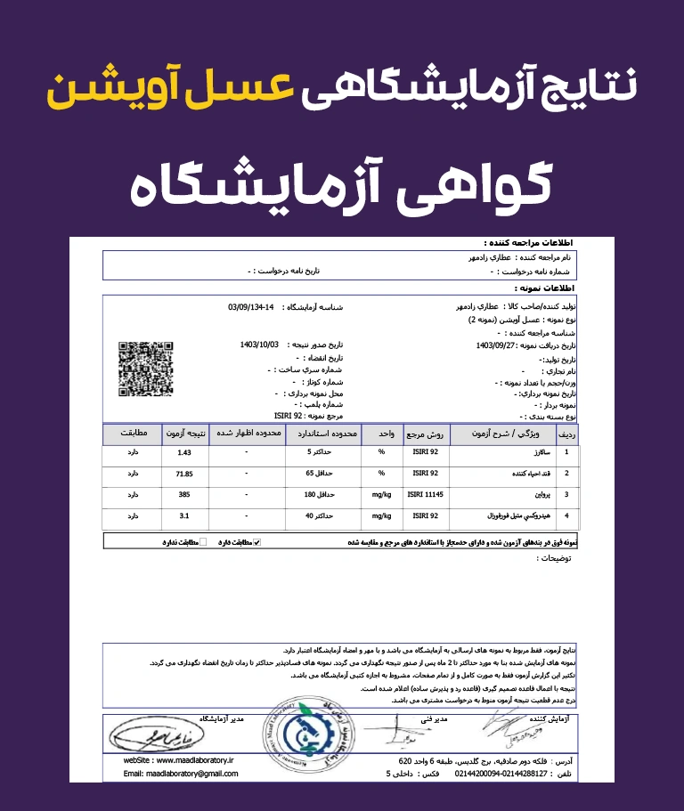 نتایج و گواهی آزمایشگاهی عسل آویشن